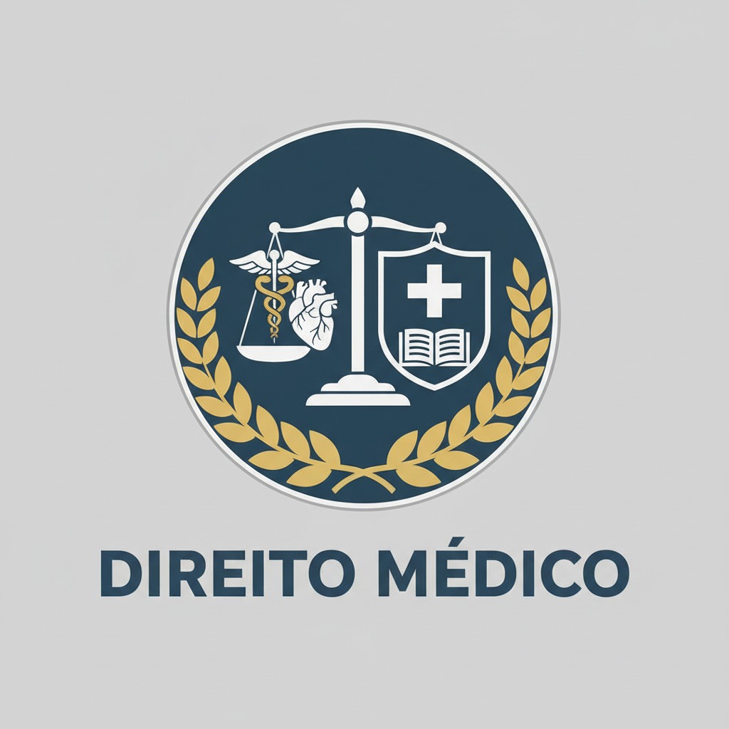 Logotipo com um brasão circular azul-escuro contendo uma balança, um coração, um caduceu, um escudo com cruz e um livro aberto, cercado por ramos dourados e com o texto "Direito Médico" abaixo.